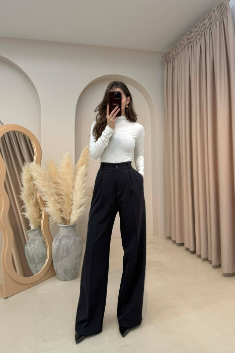 ONE COLOR SEMI ELASTIC WAIST WOMEN TROUSERS MIDNIGHT BLACK/ E ZEZE MESNATE - 1