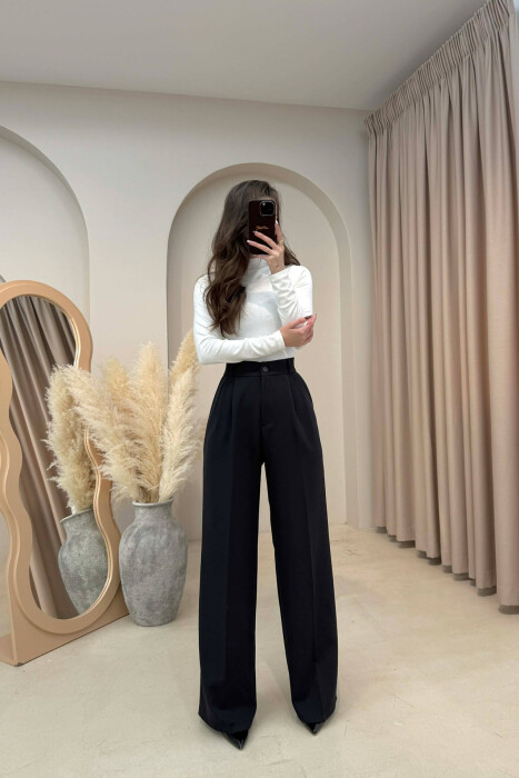 ONE COLOR SEMI ELASTIC WAIST WOMEN TROUSERS MIDNIGHT BLACK/ E ZEZE MESNATE - 2