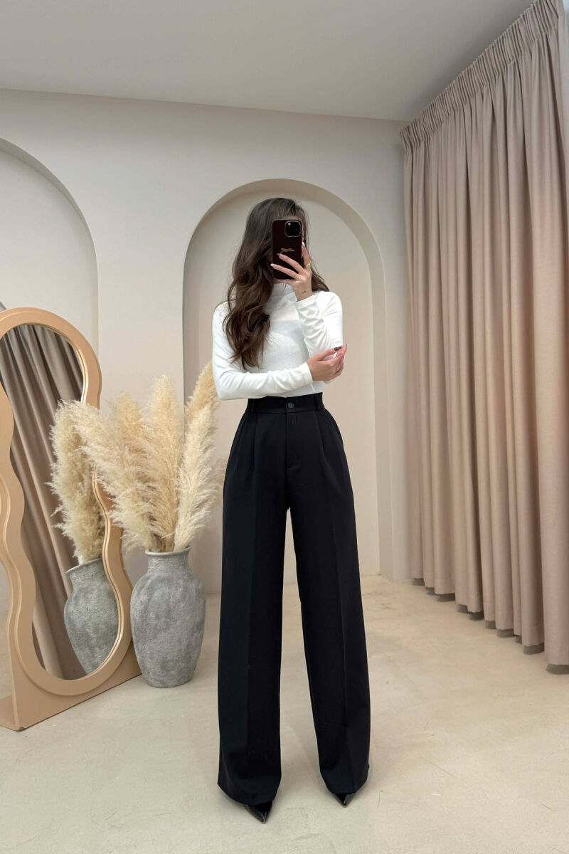 ONE COLOR SEMI ELASTIC WAIST WOMEN TROUSERS MIDNIGHT BLACK/ E ZEZE MESNATE - 2