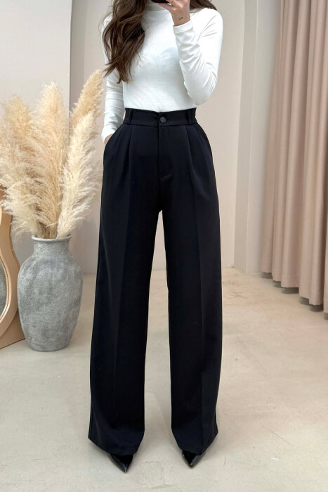 ONE COLOR SEMI ELASTIC WAIST WOMEN TROUSERS MIDNIGHT BLACK/ E ZEZE MESNATE - 4