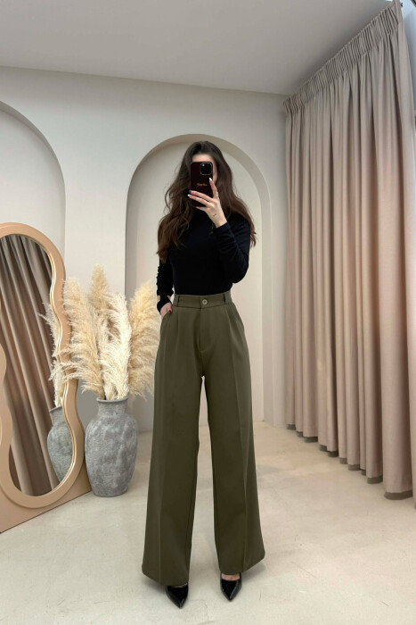 ONE COLOR SEMI ELASTIC WAIST WOMEN TROUSERS OLIVE/ULLI - 2