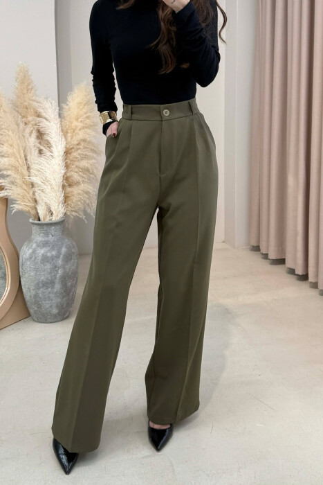 ONE COLOR SEMI ELASTIC WAIST WOMEN TROUSERS OLIVE/ULLI - 4
