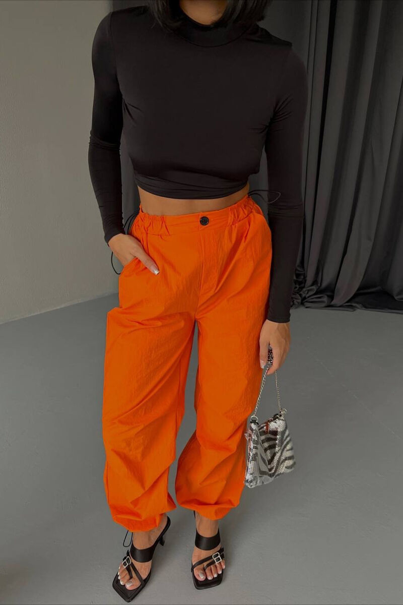 ONE COLOR SEMI ELASTIC WAIST WOMEN TROUSERS ORANGE/PORTOKALLI - 2