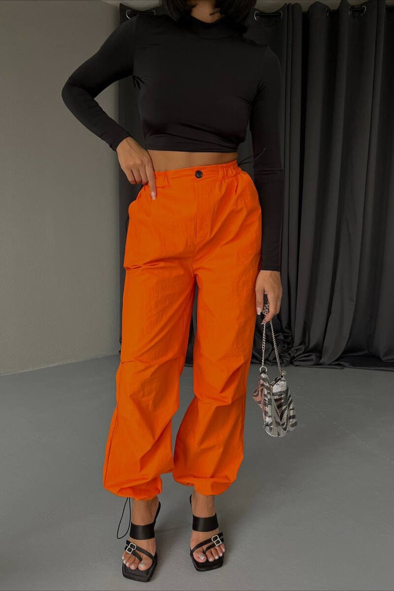 ONE COLOR SEMI ELASTIC WAIST WOMEN TROUSERS ORANGE/PORTOKALLI - 3