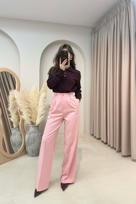 ONE COLOR SEMI ELASTIC WAIST WOMEN TROUSERS POWDER/PUDER - KLAUDIO FASHION