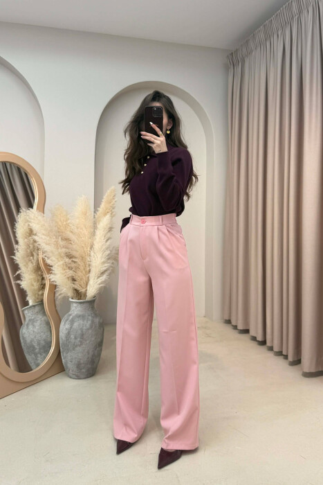 ONE COLOR SEMI ELASTIC WAIST WOMEN TROUSERS POWDER/PUDER - 2