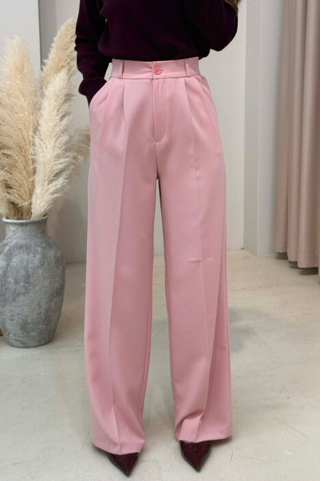 ONE COLOR SEMI ELASTIC WAIST WOMEN TROUSERS POWDER/PUDER - 3
