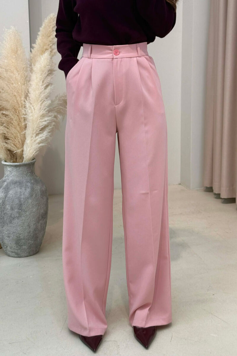 ONE COLOR SEMI ELASTIC WAIST WOMEN TROUSERS POWDER/PUDER - 3