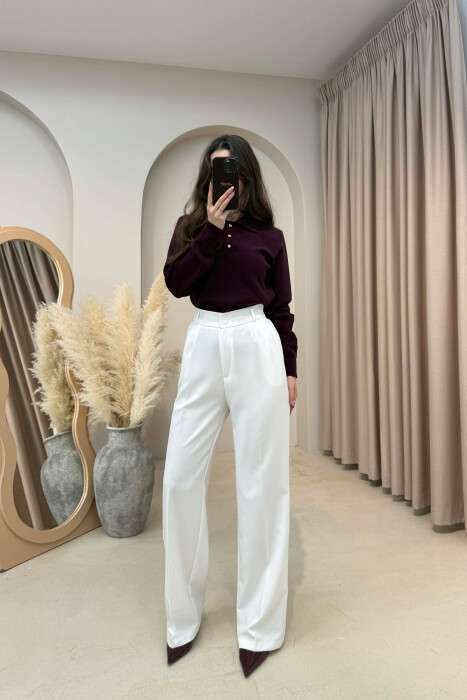 ONE COLOR SEMI ELASTIC WAIST WOMEN TROUSERS WHITE-E BARDHE 