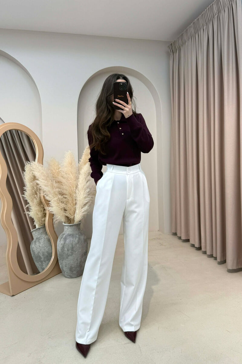 ONE COLOR SEMI ELASTIC WAIST WOMEN TROUSERS WHITE-E BARDHE - 2