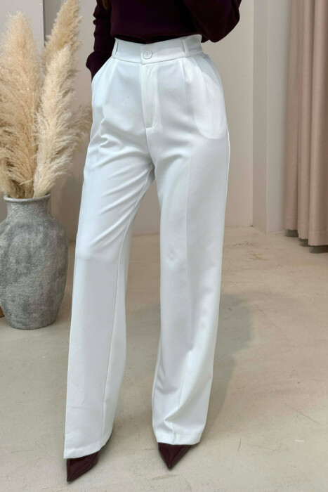 ONE COLOR SEMI ELASTIC WAIST WOMEN TROUSERS WHITE-E BARDHE - 3