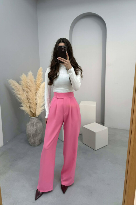 ONE COLOR SEMI ELASTIC WIDE LEG WOMAN TROUSERS PINK/ROZE - KLAUDIO FASHION