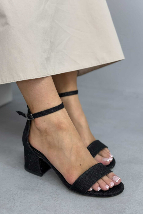 ONE COLOR SEMI HEEL WOMEN SANDALS GLOSSY BLACK-ZEZE SHKELQIM 