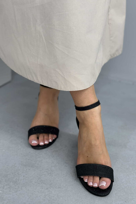 ONE COLOR SEMI HEEL WOMEN SANDALS GLOSSY BLACK-ZEZE SHKELQIM - 2