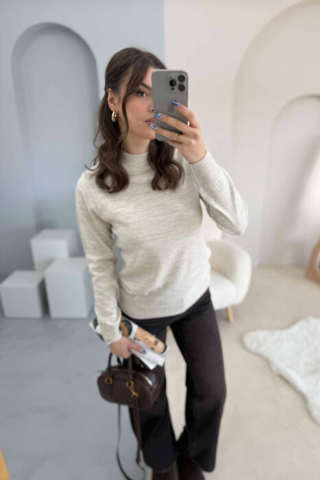 ONE COLOR SEMI NECK WOMEN SWEATER BEIGE/BEZHE - 4