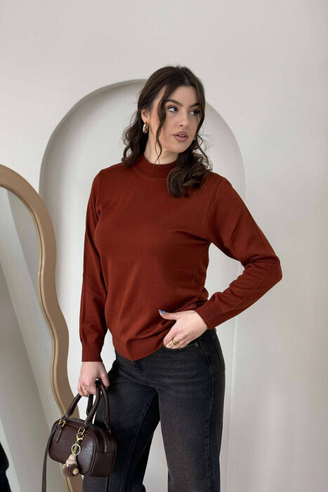 ONE COLOR SEMI NECK WOMEN SWEATER BRICK/TULLE - 1