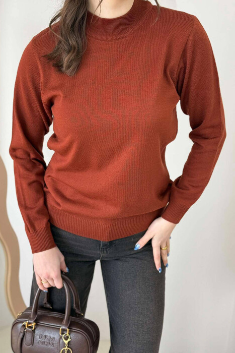 ONE COLOR SEMI NECK WOMEN SWEATER BRICK/TULLE - 3