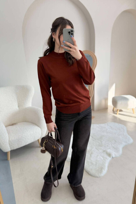 ONE COLOR SEMI NECK WOMEN SWEATER BRICK/TULLE - 5