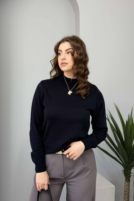 ONE COLOR SEMI NECK WOMEN SWEATER DARK BLUE/BEE 
