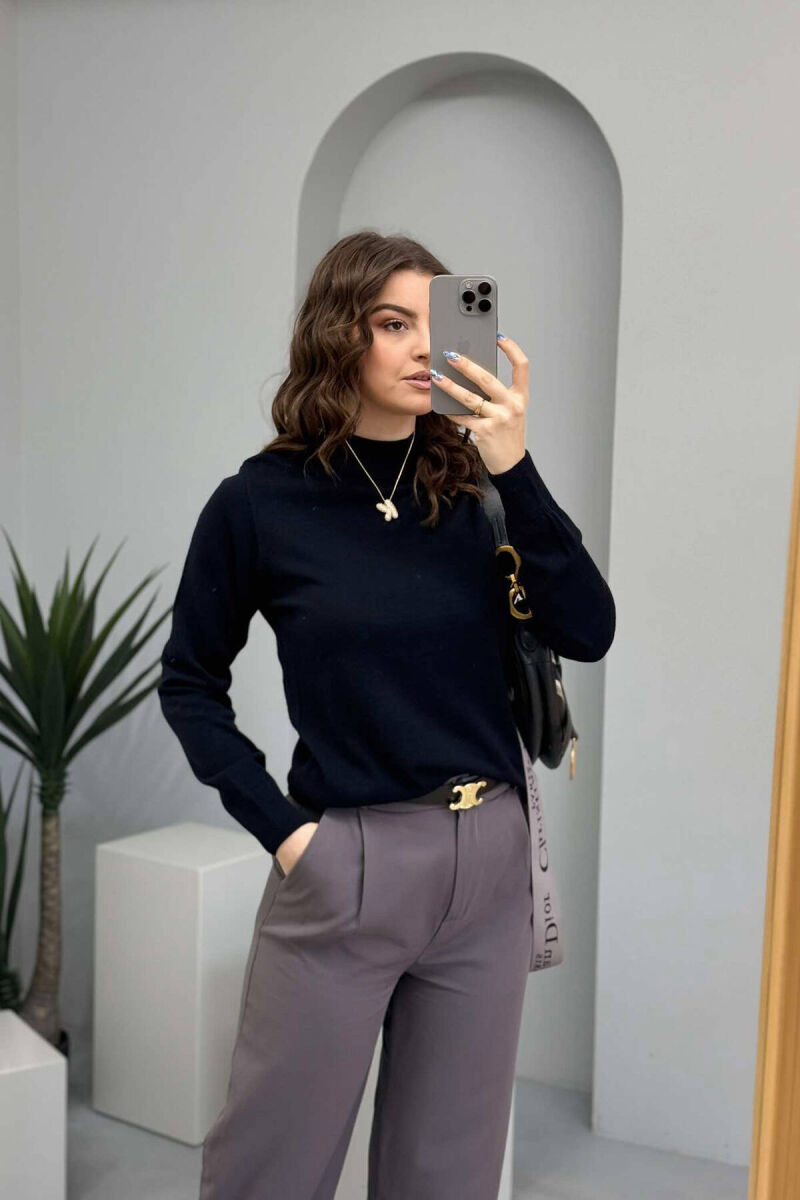 ONE COLOR SEMI NECK WOMEN SWEATER DARK BLUE/BEE - 2