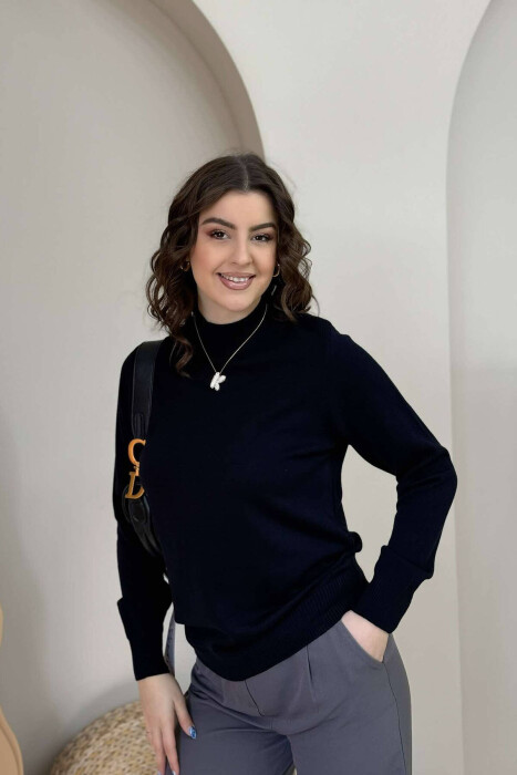 ONE COLOR SEMI NECK WOMEN SWEATER DARK BLUE/BEE - 3