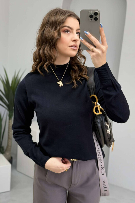 ONE COLOR SEMI NECK WOMEN SWEATER DARK BLUE/BEE - 4