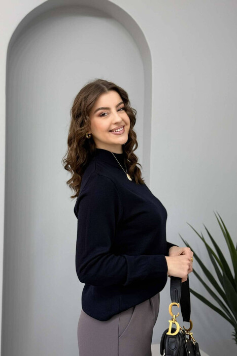 ONE COLOR SEMI NECK WOMEN SWEATER DARK BLUE/BEE - 6