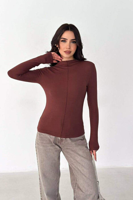 ONE COLOR SEMI NECK WOMAN SWEATSHIRT BROWN/KAFE - 2