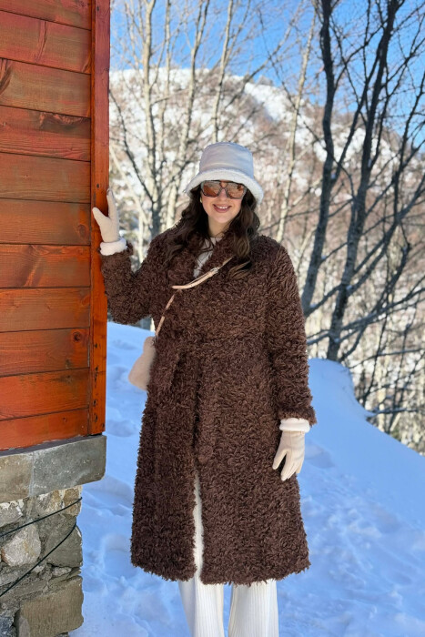 ONE COLOR SHEEP SKIN BELT LONG WOMAN COAT BROWN/KAFE - KLAUDIO FASHION