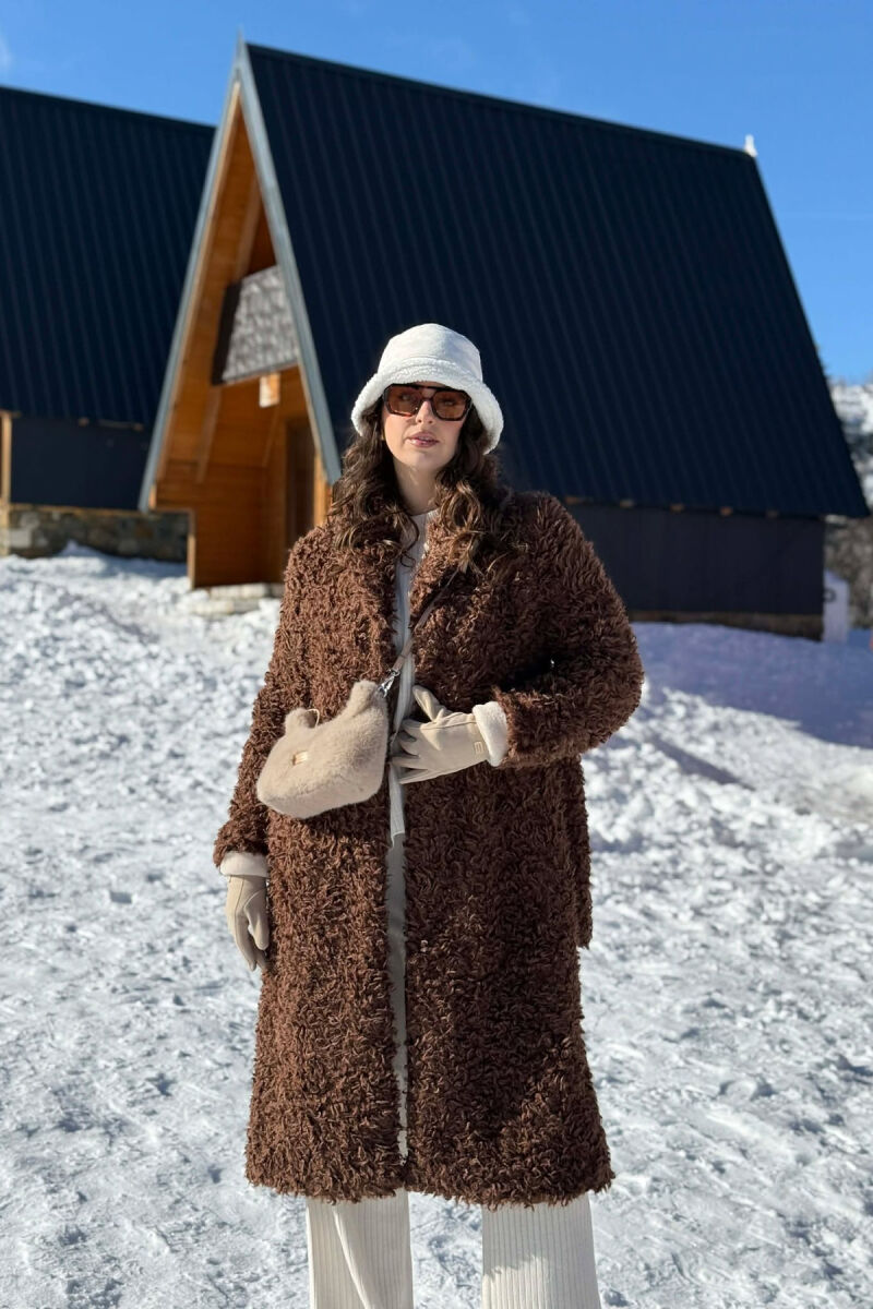 ONE COLOR SHEEP SKIN BELT LONG WOMAN COAT BROWN/KAFE - 2