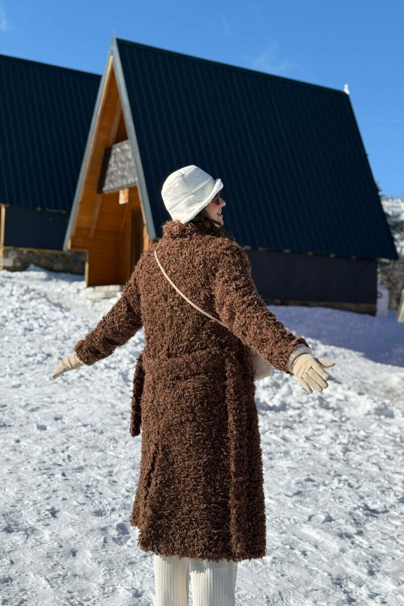 ONE COLOR SHEEP SKIN BELT LONG WOMAN COAT BROWN/KAFE - 3