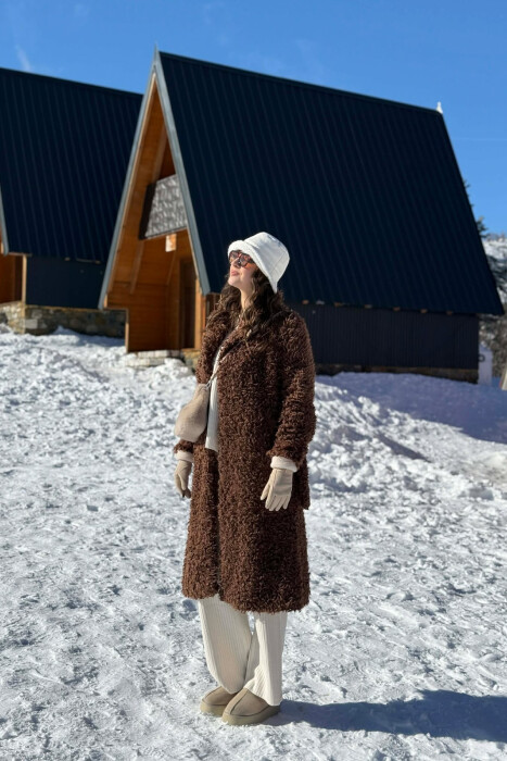 ONE COLOR SHEEP SKIN BELT LONG WOMAN COAT BROWN/KAFE - 4