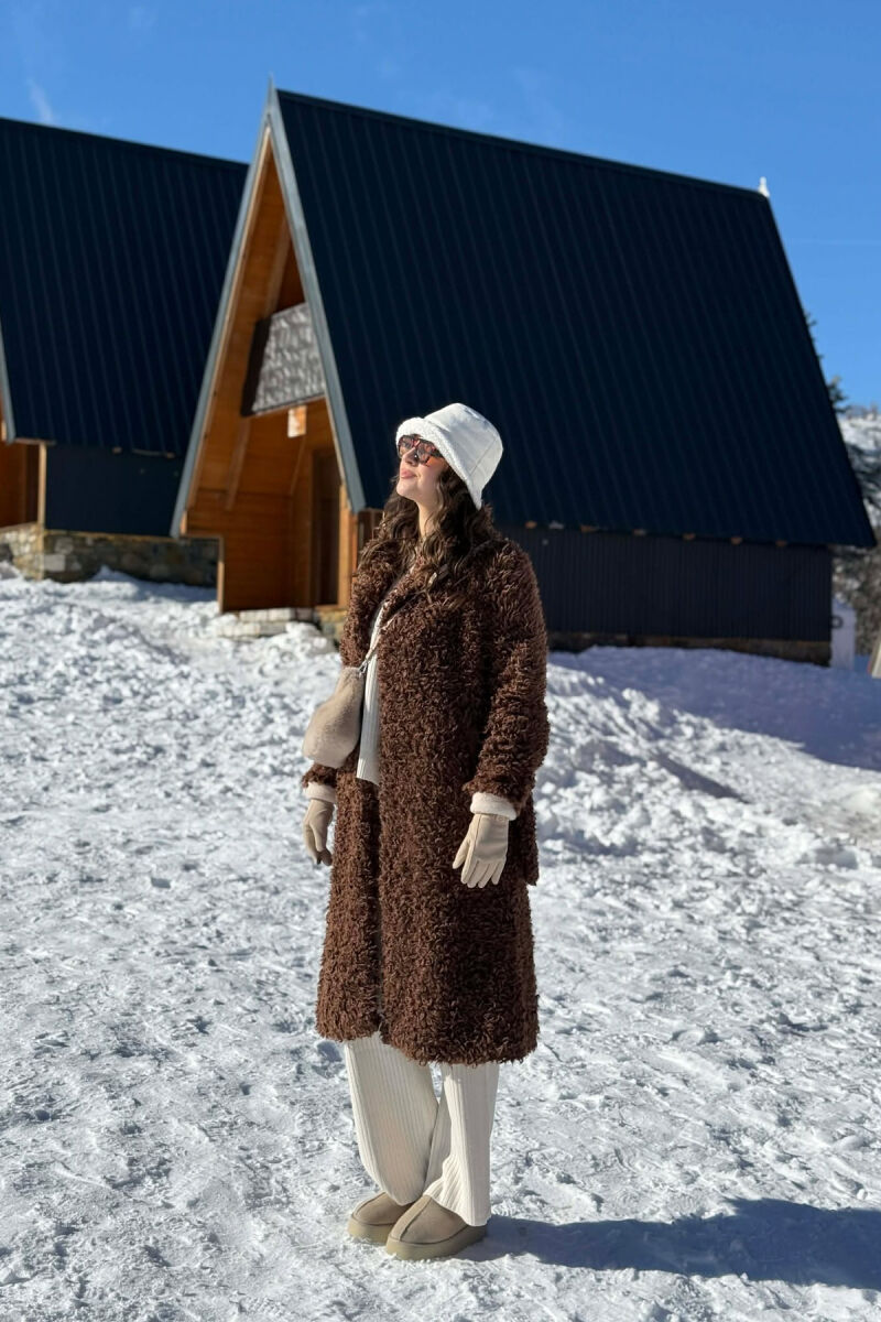 ONE COLOR SHEEP SKIN BELT LONG WOMAN COAT BROWN/KAFE - 4