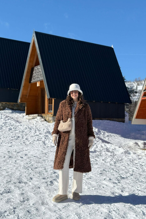 ONE COLOR SHEEP SKIN BELT LONG WOMAN COAT BROWN/KAFE - 6