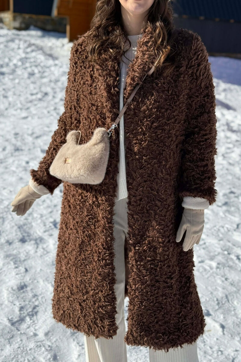 ONE COLOR SHEEP SKIN BELT LONG WOMAN COAT BROWN/KAFE - 7