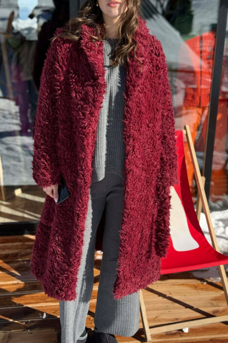 ONE COLOR SHEEP SKIN BELT LONG WOMAN COAT BURGUNDY/VISHNJE - 1