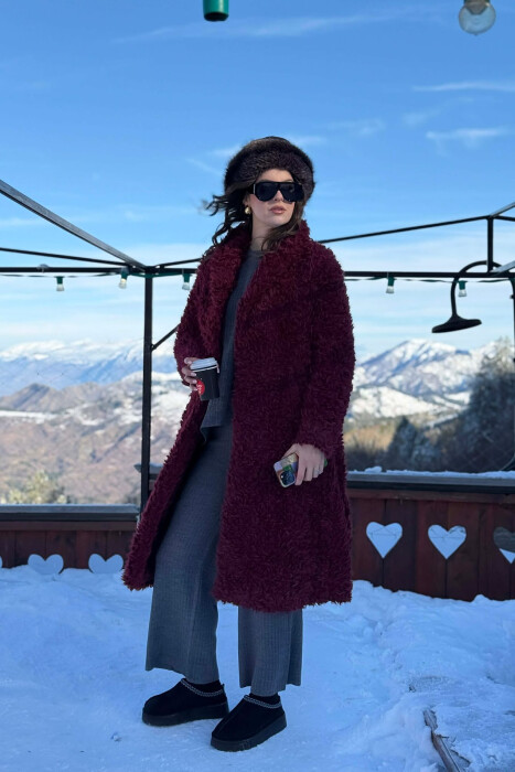 ONE COLOR SHEEP SKIN BELT LONG WOMAN COAT BURGUNDY/VISHNJE - 2