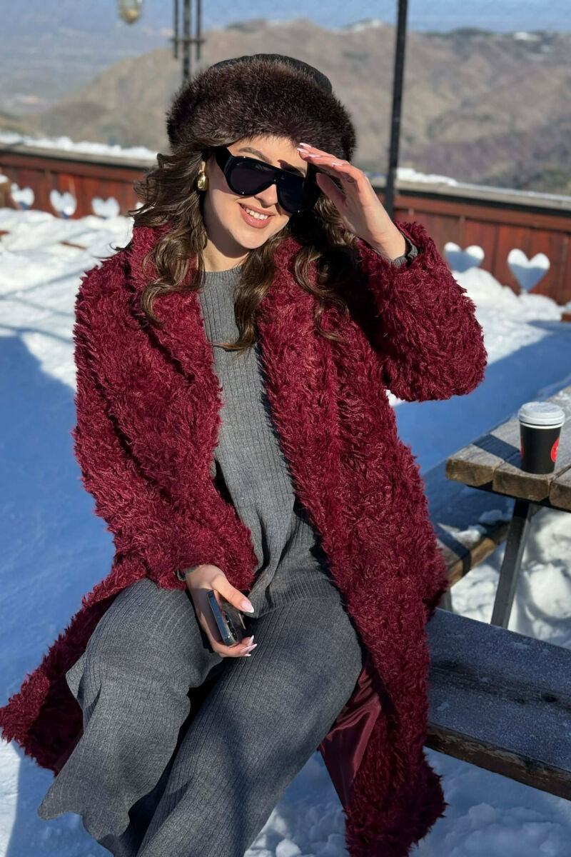 ONE COLOR SHEEP SKIN BELT LONG WOMAN COAT BURGUNDY/VISHNJE - 3
