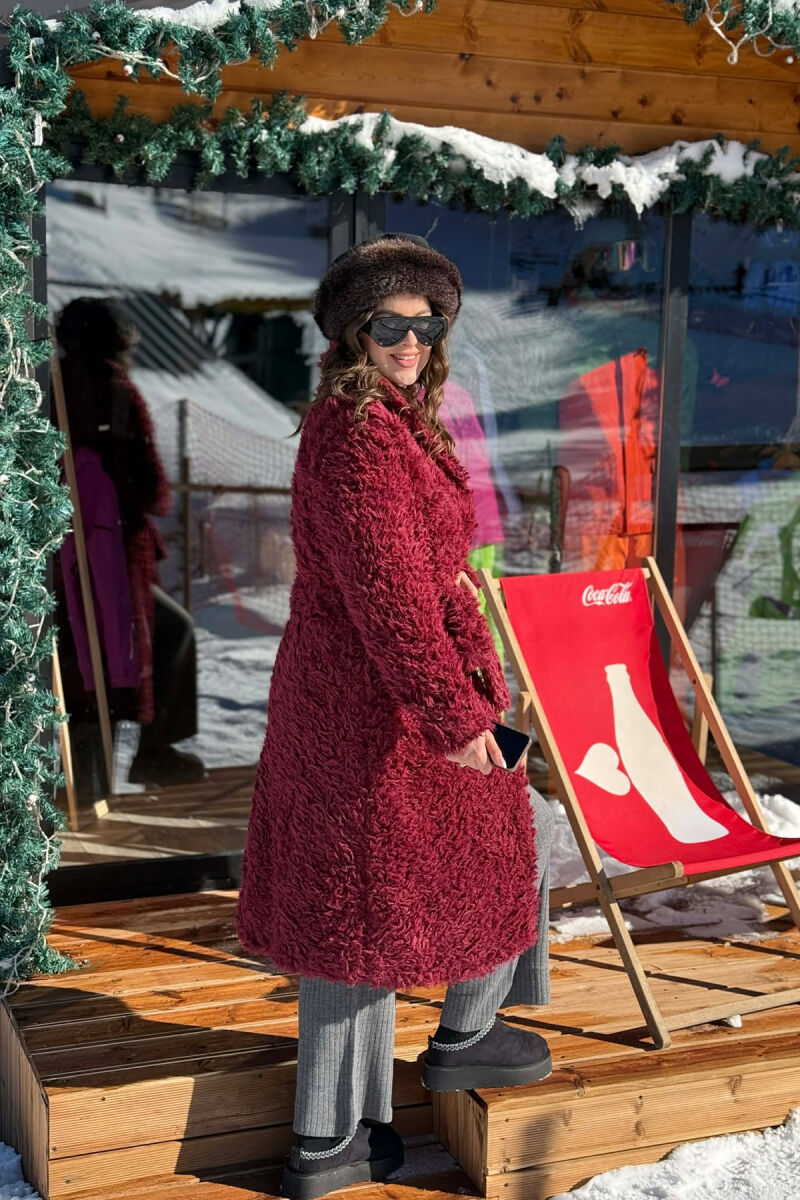 ONE COLOR SHEEP SKIN BELT LONG WOMAN COAT BURGUNDY/VISHNJE - 4