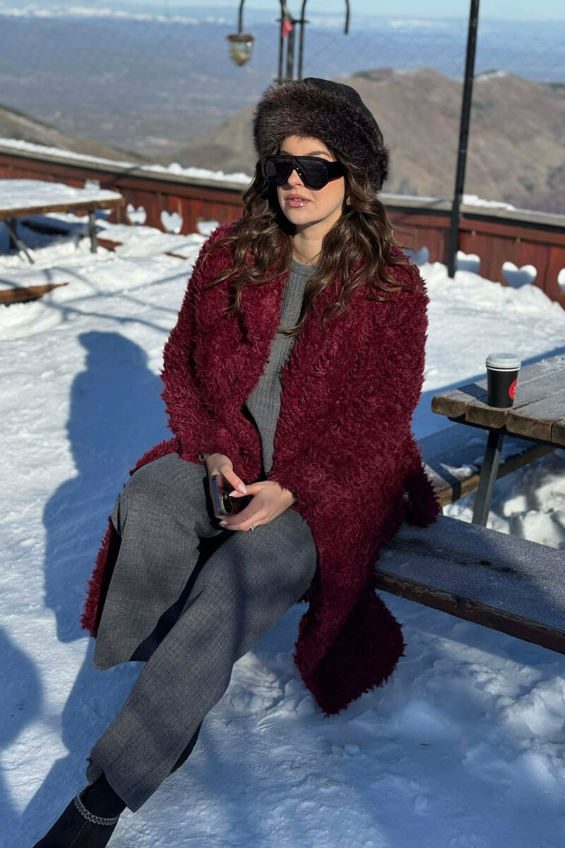 ONE COLOR SHEEP SKIN BELT LONG WOMAN COAT BURGUNDY/VISHNJE - 5