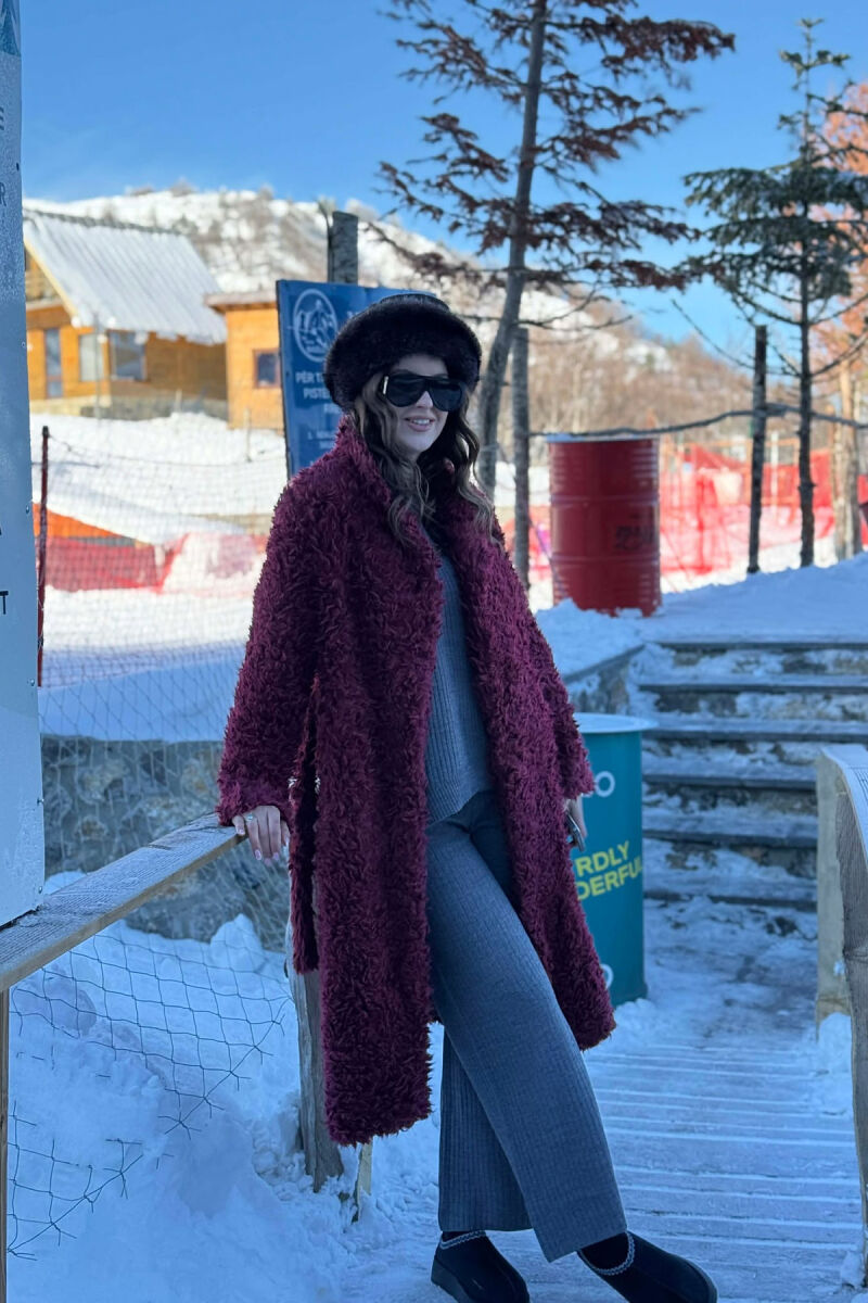 ONE COLOR SHEEP SKIN BELT LONG WOMAN COAT BURGUNDY/VISHNJE - 6