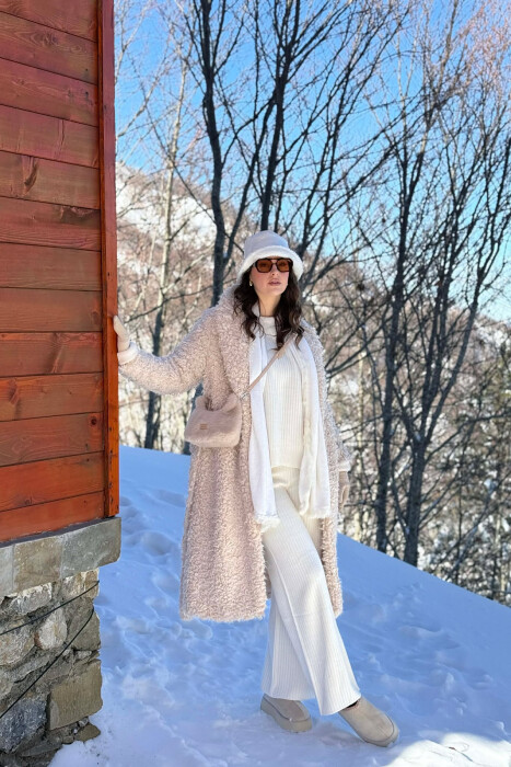 ONE COLOR SHEEP SKIN BELT LONG WOMAN COAT CREAM/KREM - 3