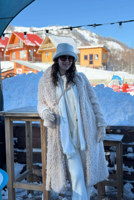 ONE COLOR SHEEP SKIN BELT LONG WOMAN COAT CREAM/KREM - 5