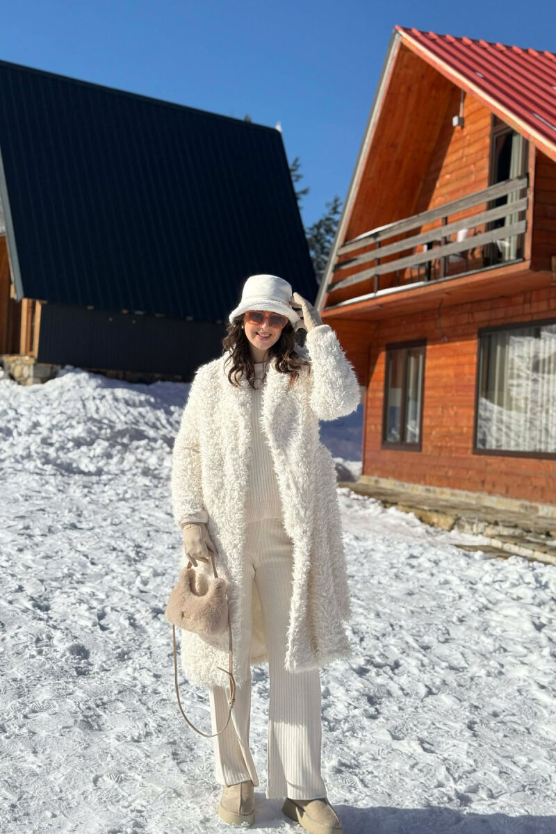 ONE COLOR SHEEP SKIN BELT LONG WOMAN COAT WHITE-E BARDHE - 1