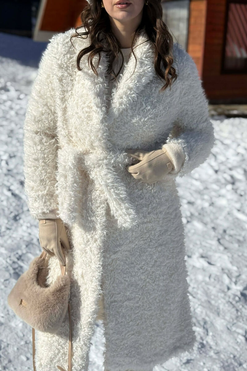 ONE COLOR SHEEP SKIN BELT LONG WOMAN COAT WHITE-E BARDHE - 2