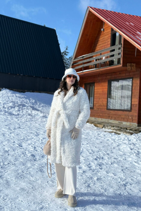 ONE COLOR SHEEP SKIN BELT LONG WOMAN COAT WHITE-E BARDHE - 3