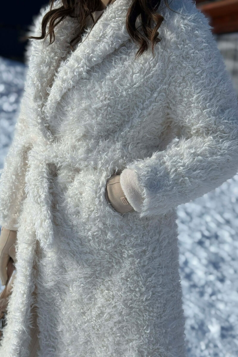 ONE COLOR SHEEP SKIN BELT LONG WOMAN COAT WHITE-E BARDHE - 5