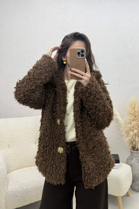 PALLTO NJE NGJYRESHE PELLUSHI PER FEMRA NE NGJYRE KAFE - KLAUDIO FASHION