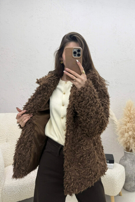 ONE COLOR SHEEP SKIN GOLDEN BUTTONS WOMAN COAT BROWN/KAFE - 2
