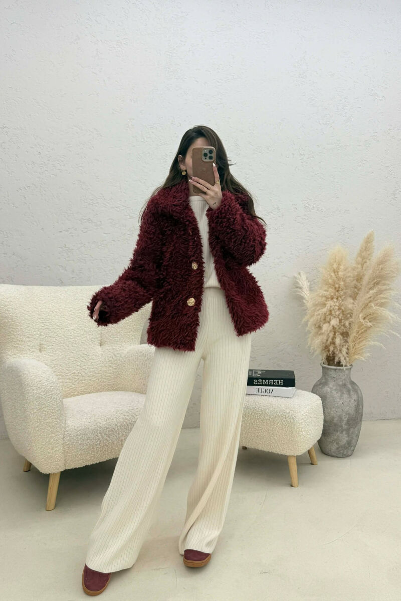 ONE COLOR SHEEP SKIN GOLDEN BUTTONS WOMAN COAT BURGUNDY/VISHNJE - 2